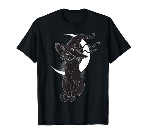Vintage Scary Halloween Black Cat Costume Witch Hat & Moon T-Shirt