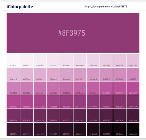 Explore a full range of light and dark shades for Pantone 18-2929 Tpx Purple Wine Color | Hex color Code #8f3975. Perfect for finding the exact tint or tone for your artwork or UI design. #colorshades #colorinspiration #webdesign #8f3975