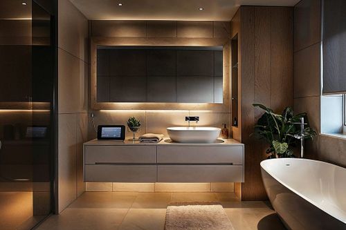 Modern bathroom design with integrated tech by Decorilla