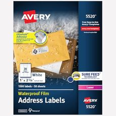 Avery Durable Waterproof Address Labels with Sure Feed Technology, 1" x 2-5/8", White, Laser & Pigment-Inkjet Compatible, 1,500 Blank Labels Total, Great for Mailing, Branding, and More (5520)