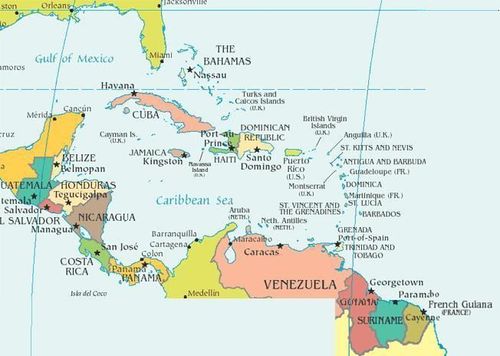 a map of the world with countries and major cities in each country, including venezuela