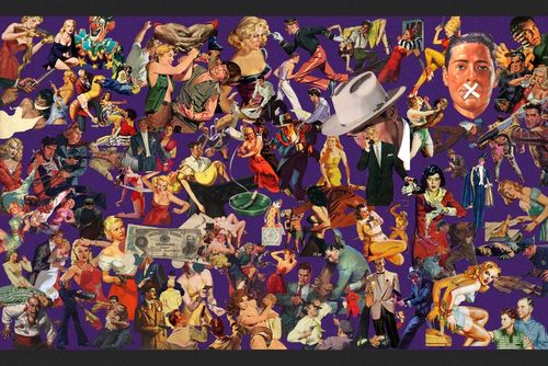 May include: A collage of vintage illustrations featuring people in various scenes, including a man with a taped mouth, a woman in a red dress, and a man in a suit. The background is a solid purple color.