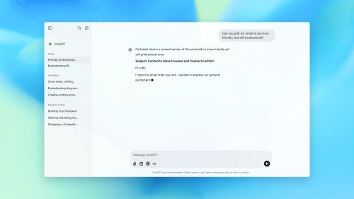 友好的でプロフェッショナルに見えるよにメールを書き直すことに関する、ユーザーと ChatGPT とのインターフェース上でのチャット形式の会話。