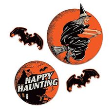 Beistle 4 Piece Vintage Halloween Cut Outs - Retro Haunted House, Witch And Bat Indoor Decorations For Home And Office