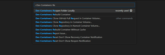 命令面板选项的屏幕截图，用于重新打开本地环境中的当前文件夹。