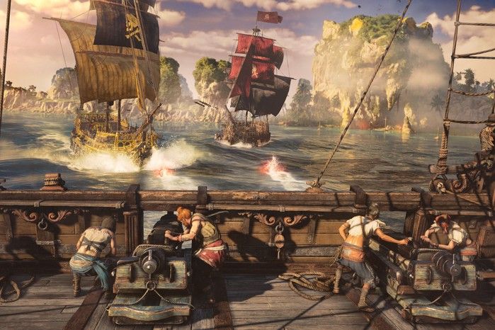 Combat in Skull and Bones showing pirates on a ship firing at other ships