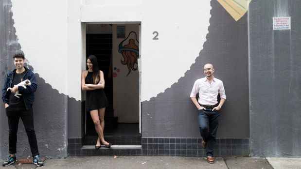 Canva co-founders Cliff Obrecht (left), Melanie Perkins and Cameron Adams (right) at their Surry Hills offices in 2015.