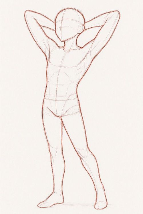 Anime male figure pose sketch with relaxed stance and hands behind head, showing proportion and gesture fundamentals.