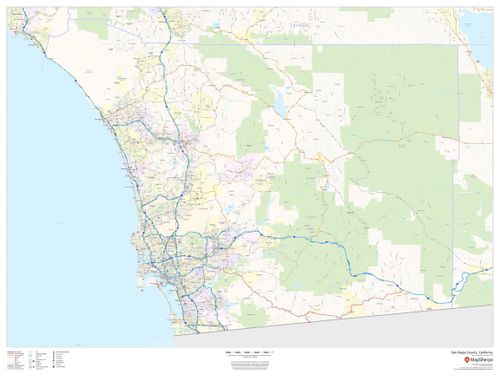 San Diego County, California - 48" x 36" Paper Wall Map