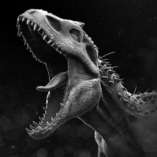a black and white photo of a dinosaur's head with its mouth wide open
