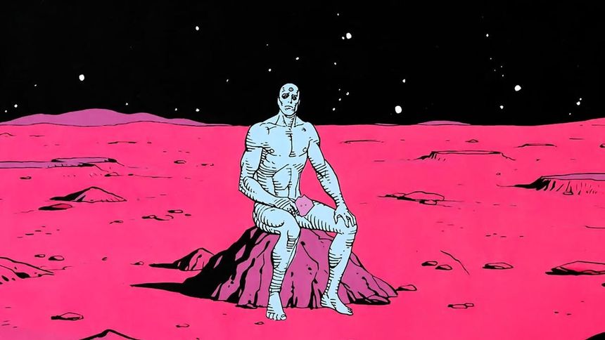 Dr Manhattan sits alone on Mars in the comic