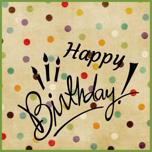 a happy birthday card with confetti and dots on the background, says happy birthday