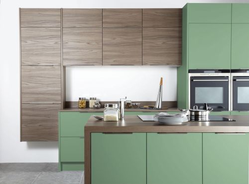 Modern Kitchen Design With Wooden Green and Light Brown Storage Cabinets Ideas - Beautiful Homes