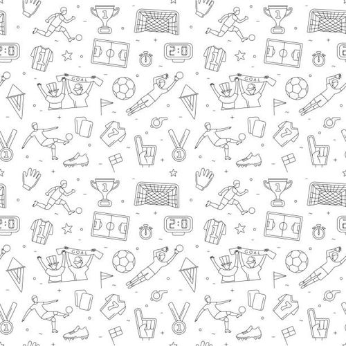 Soccer football player game match fans outline icons seamless background pattern. Soccer football  player game match soccer fans thin line outline icons seamless background pattern. Vector illustration doodles in linear simple style. soccer doodles background stock illustrations