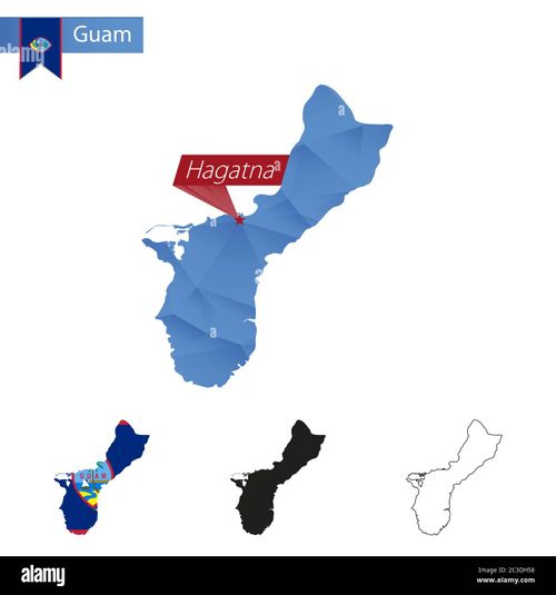 Guam blue Low Poly map with capital Hagatna, versions with flag, black and outline. Vector Illustration. - Stock Image