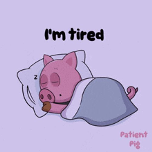a cartoon pig is sleeping under a blanket with the words " i 'm tired " above it