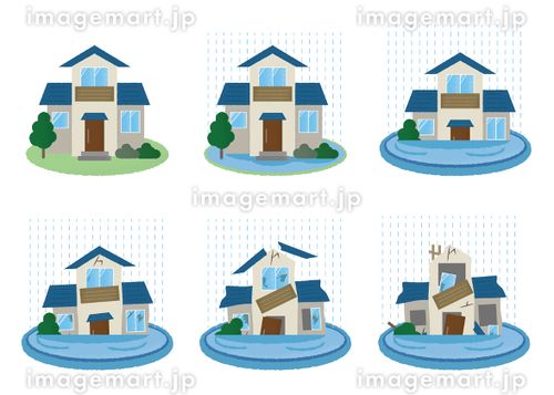 水害に遭う住宅のベクターイラストセット ゲリラ豪雨,住宅ローン,ダメージのイラスト素材