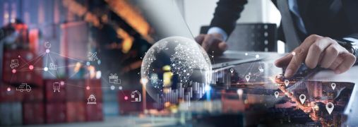 Smart logistics, global business and transportation technology management system concept, Businessman using tablet control delivery business network distribution import export with pin on target place