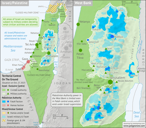 Map of who controlled Palestine and Israel's claimed territories early on October 27, 2023, before the expansion of Israeli operations in the Gaza Strip that may signal the start of the expected ground invasion. Shows both Israeli and Palestinian Authority administration (Fatah and Hamas factions indicated separately). Includes bigger West Bank map (Area A, Area B, and Area C). Map also includes Gaza Strip, Golan Heights, major cities and Israeli settlements, UN peacekeeper deployments (UNIFIL i