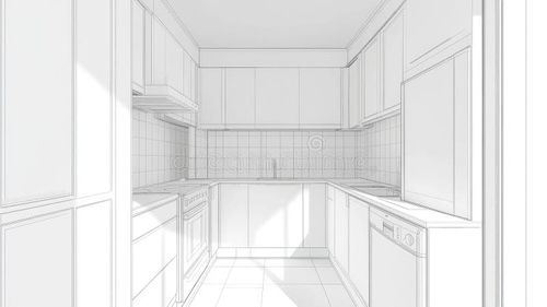 Technical line drawing of a modern kitchen design, showing the layout and placement of cabinetry, appliances, and counter space. The drawing is presented in a simple, clean aesthetic with light and shadow highlighting the architectural details. Modern kitchen drawing illustrations