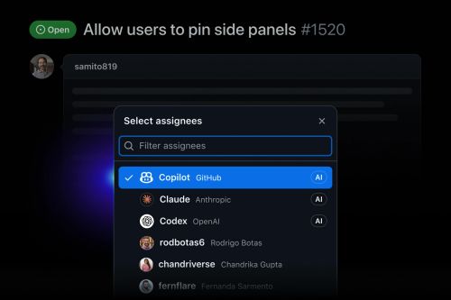 GitHub issue interface showing an “Select assignees” dialog. A search field labeled “Filter assignees” appears above a list of options. The Copilot GitHub AI assistant is selected, with additional choices including Claude (Anthropic), Codex (OpenAI), and several individual user accounts. The modal is displayed over an open issue titled “Allow users to pin side panels #1520.”