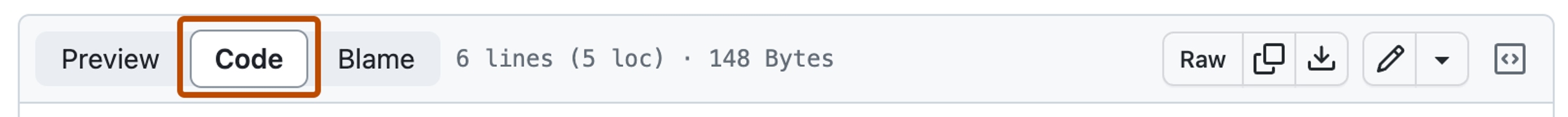Screenshot of a Markdown file in a repository showing options for interacting with the file. A button, labeled "Code", is outlined in dark orange.