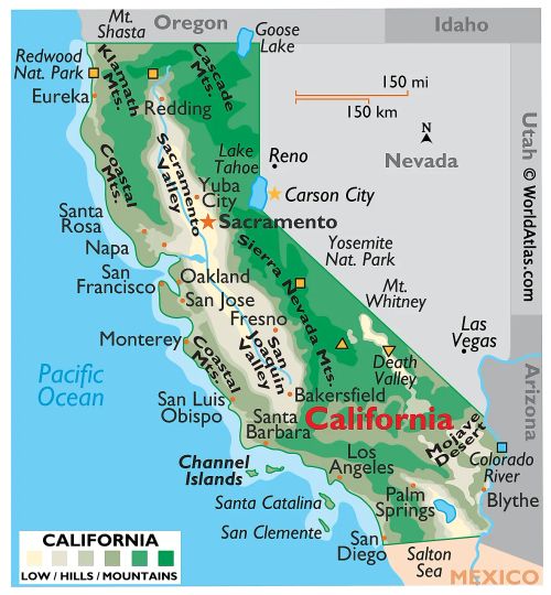 Physical Map of California. It shows the physical features of California including its mountain ranges, rivers and major lakes.