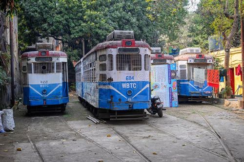 Old trams parked at a tram depot in Kolkata, West Bengal, India on February 18, 2025. Kolkata tram stock images, royalty-free photos and pictures