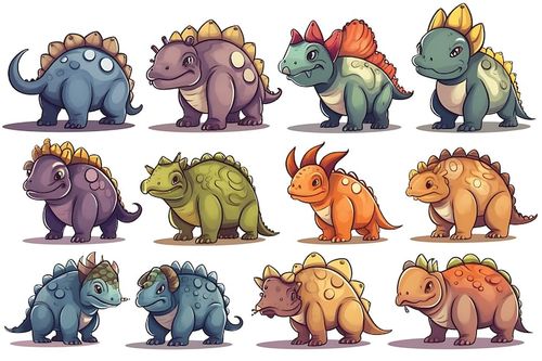 Photo cartoon dinosaurs with different colors and sizes