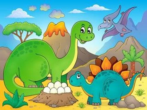 three dinosaurs are standing in the dirt