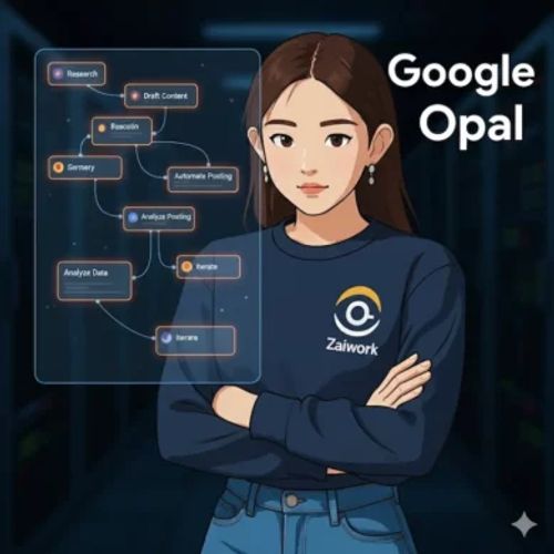 Google Opal 可視化工作流的示意圖，Z 站在 AI 介面前分析流程。