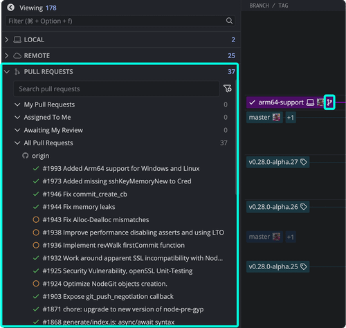 GitKraken Desktop interface showing the Pull Requests panel expanded with filters and PR list from the origin remote