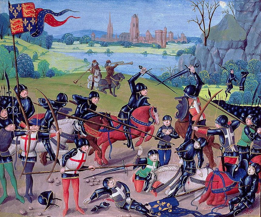 English longbowmen fighting the French army at Agincourt