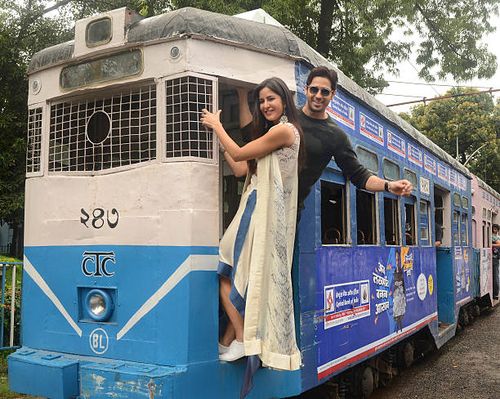 Bollywood actors Sidharth Malhotra and Katrina Kaif take a tram ride during the promotion of upcoming movie "Baar Baar Dekho" on August 31, 2016 in...