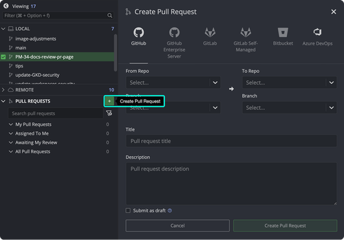 User clicks the plus button in the Pull Requests section of GitKraken Desktop’s Left Panel to open the Create Pull Request interface. The dialog appears with fields to select repositories, branches, title, description, and other PR options.