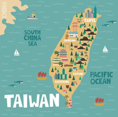 Illustration map of Taiwan with city, landmarks and nature. Editable vector illustration