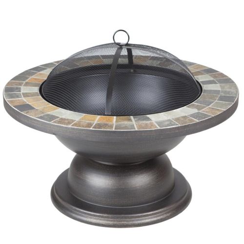 Backyard Creations 34 Inch Modern Round Sturdy Steel Wood Burning Campfire Ring Includes Fire Poker and Mesh Screen for Outdoor Garden and Lawn Patio Fireplace, black