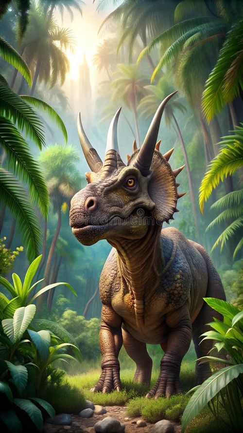 Ceratopsian dinosaur stands jungle. photo. 4K Portrait front view 8K. HD Image Background. Hd dinosaur images illustrations