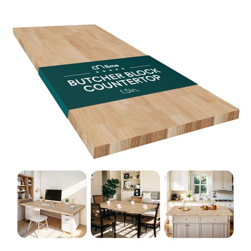 Bme Hevea Solid Wood Butcher Block Island Countertop, Unfinished Table Top for Kitchen, Dining or DIY, 72"L x 39"W x 1.5"Th