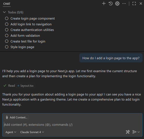 Screenshot of the Chat view, showing the response to asking how to add a login page to a web app.