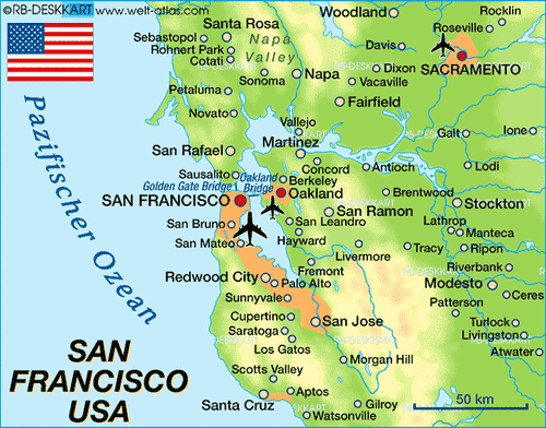 an image of san francisco usa map with the capital and major cities on it's borders