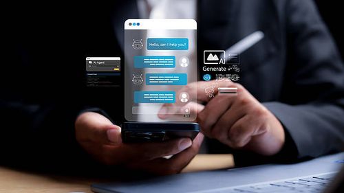 Chat with AI or Artificial Intelligence. Young businessman chatting with a smart AI or artificial intelligence using an artificial intelligence chatbot developed by OpenAI. Chat with AI or Artificial Intelligence. Young businessman chatting with a smart AI or artificial intelligence using an artificial intelligence chatbot developed by OpenAI. chat bot stock pictures, royalty-free photos & images