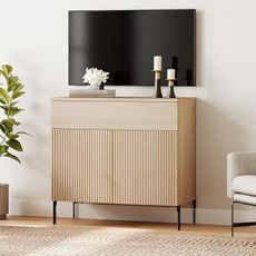 WAMPAT Fluted TV Stand TVs up to 35", 31.5" W Modern TV Entertainment Center with Storage Cabinets and 1 Drawers & 2 Doors, Wood Media TV Console Table with Storage for Living Room, Beige