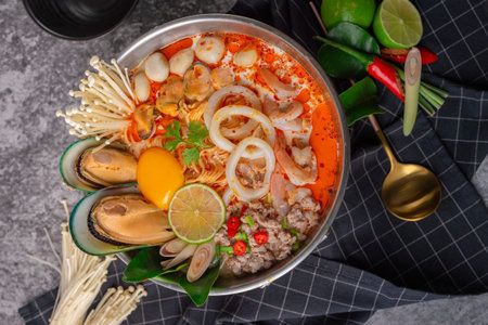 Tom yum kung thai food style seafood hot pot traditional thai style food Stock Photo