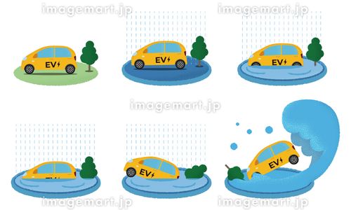 水害に遭う黄色い電気自動車のベクターイラストセット ハイブリッド,自動車ローン,自動車保険のイラスト素材