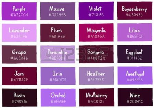 the names and colors of different types of paint in shades of purple, red, green,