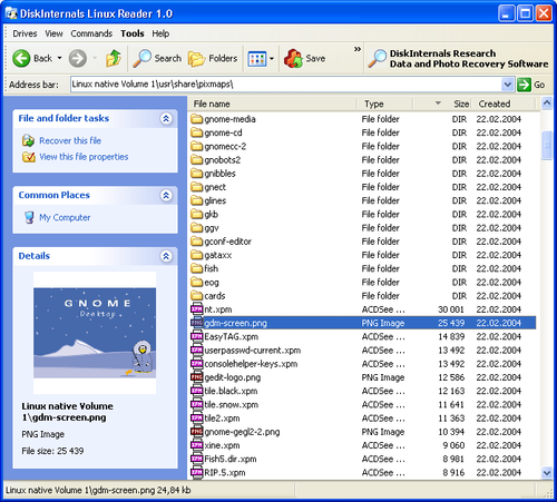 Screenshot showing example usage of DiskInternals Linux Reader