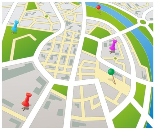 Editable vector street map of a generic city with push pins