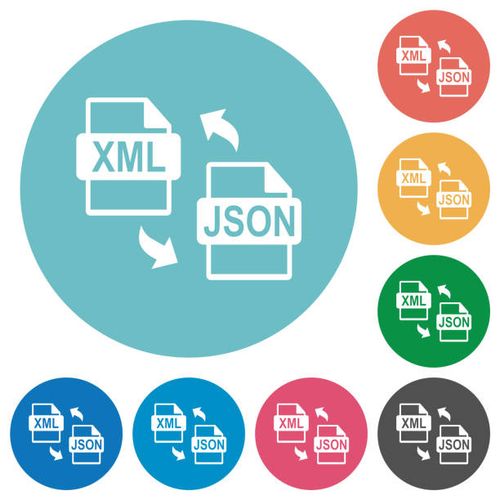 XML JSON file conversion flat round icons XML JSON file conversion flat white icons on round color backgrounds json stock illustrations