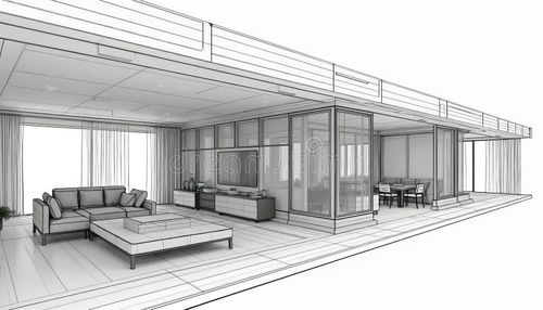 Modern interior design concept, architectural wireframe drawing. Living room, kitchen, dining area, furniture, decor elements displayed in perspective view. Suitable for renovation. Modern kitchen drawing illustrations